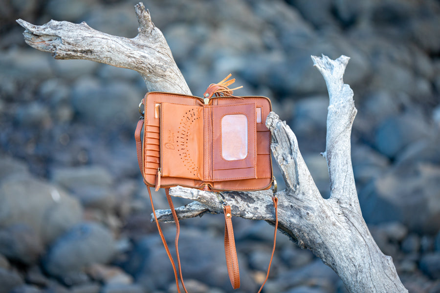 Sage Mandala Leather Crossbody Wallet - Landscape