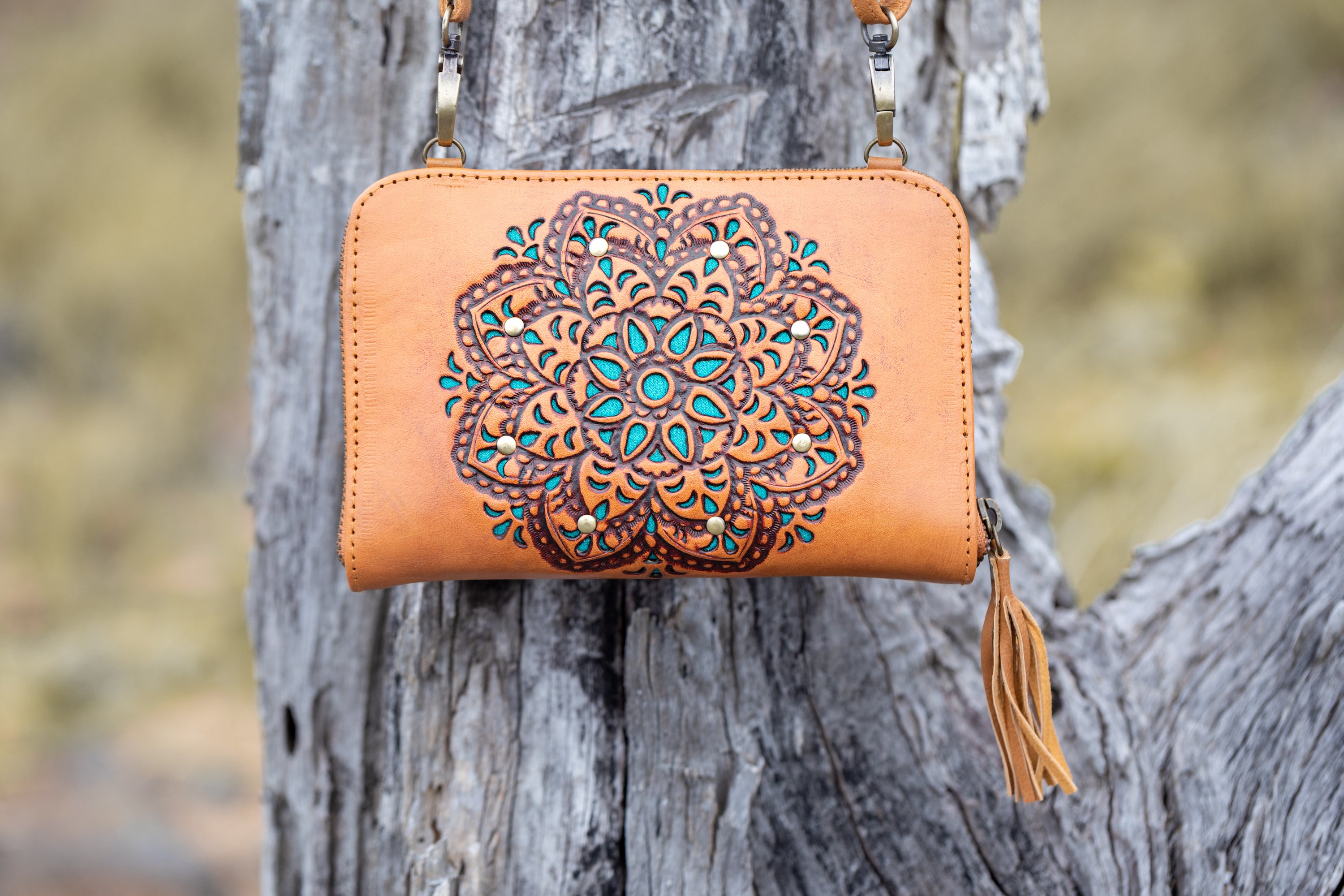 Sage Mandala Leather Crossbody Wallet - Landscape