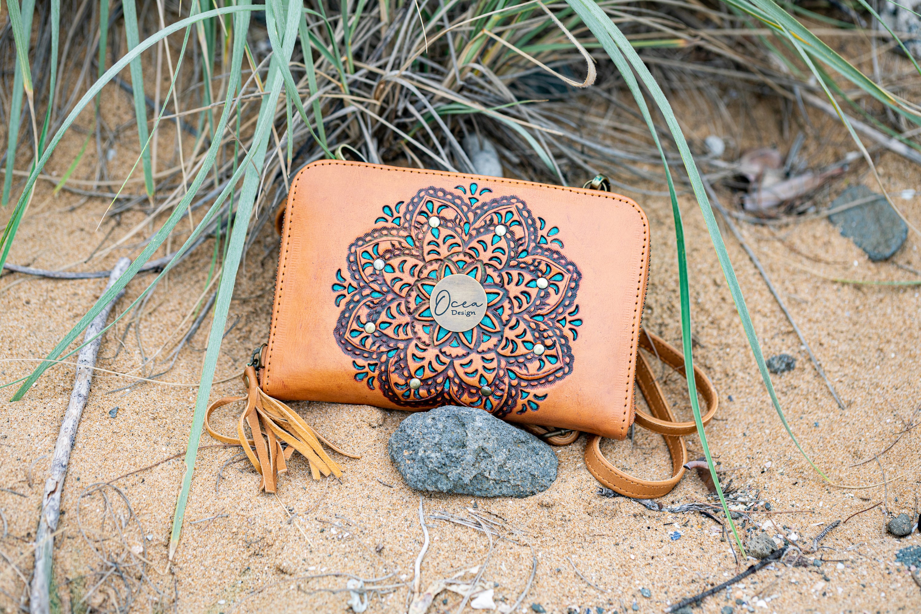 Sage Mandala Leather Crossbody Wallet - Landscape
