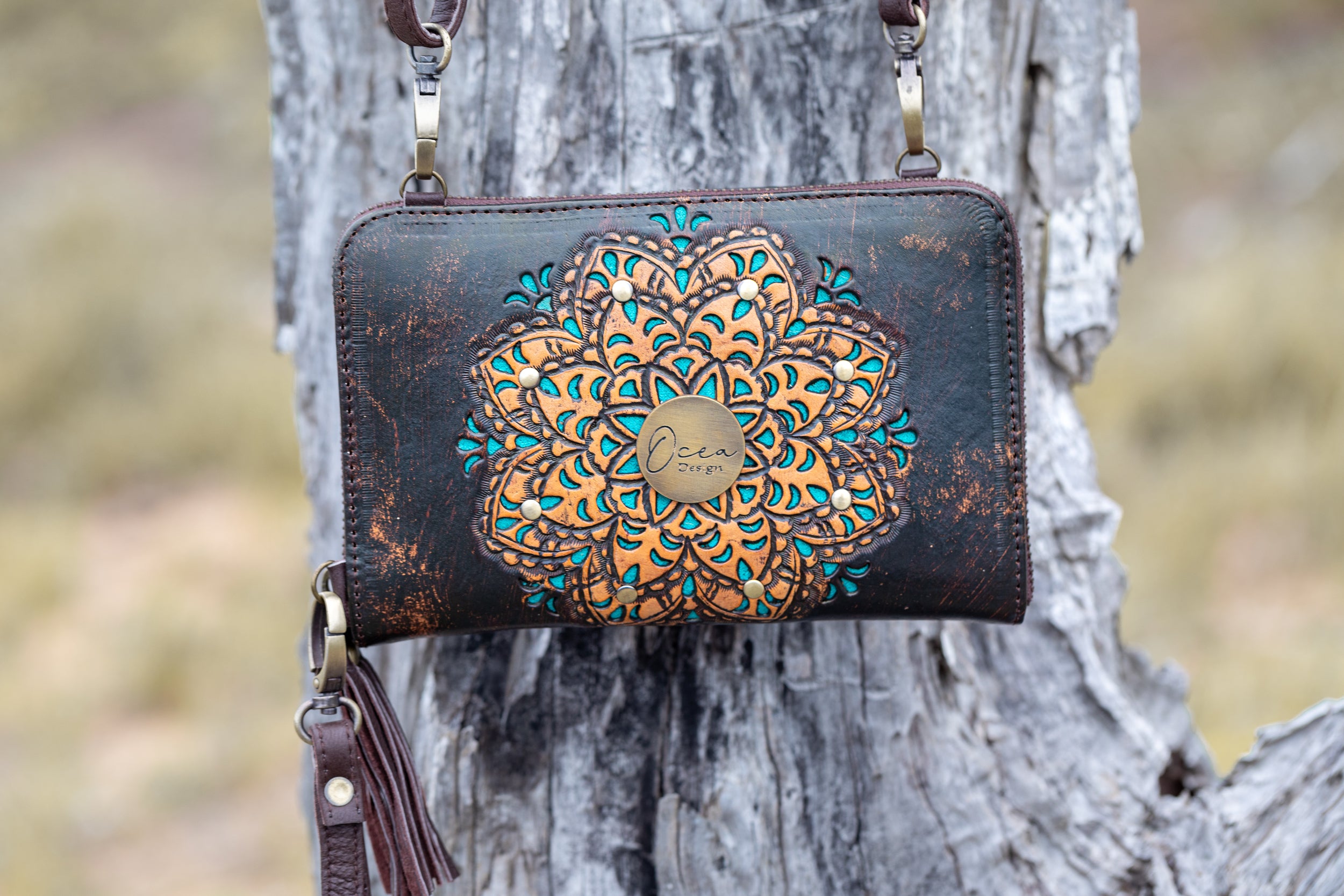 Sage Mandala Leather Crossbody Wallet - Landscape