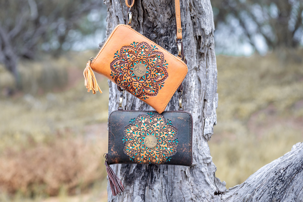Sage Mandala Leather Crossbody Wallet - Landscape
