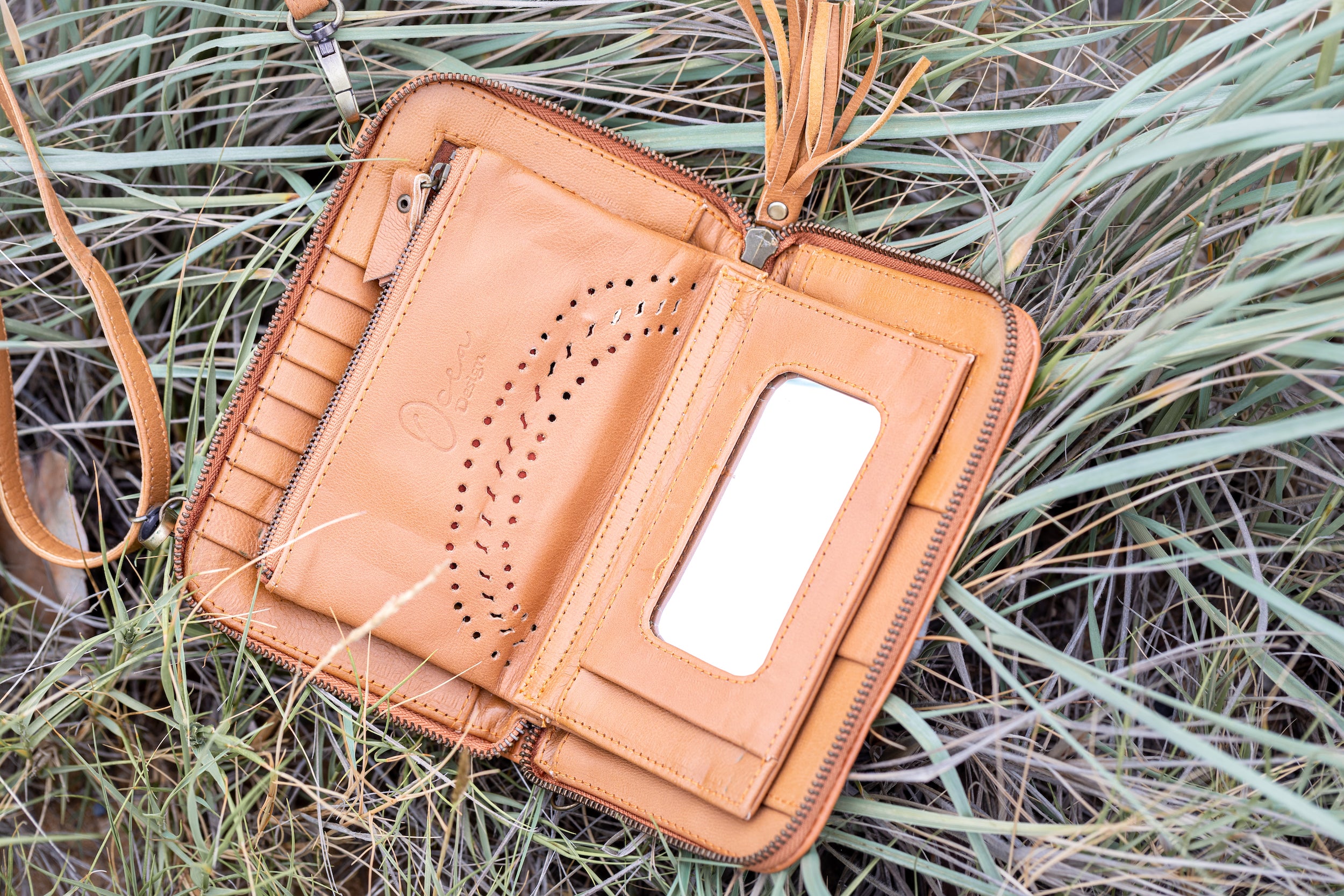 Sage Mandala Leather Crossbody Wallet - Landscape