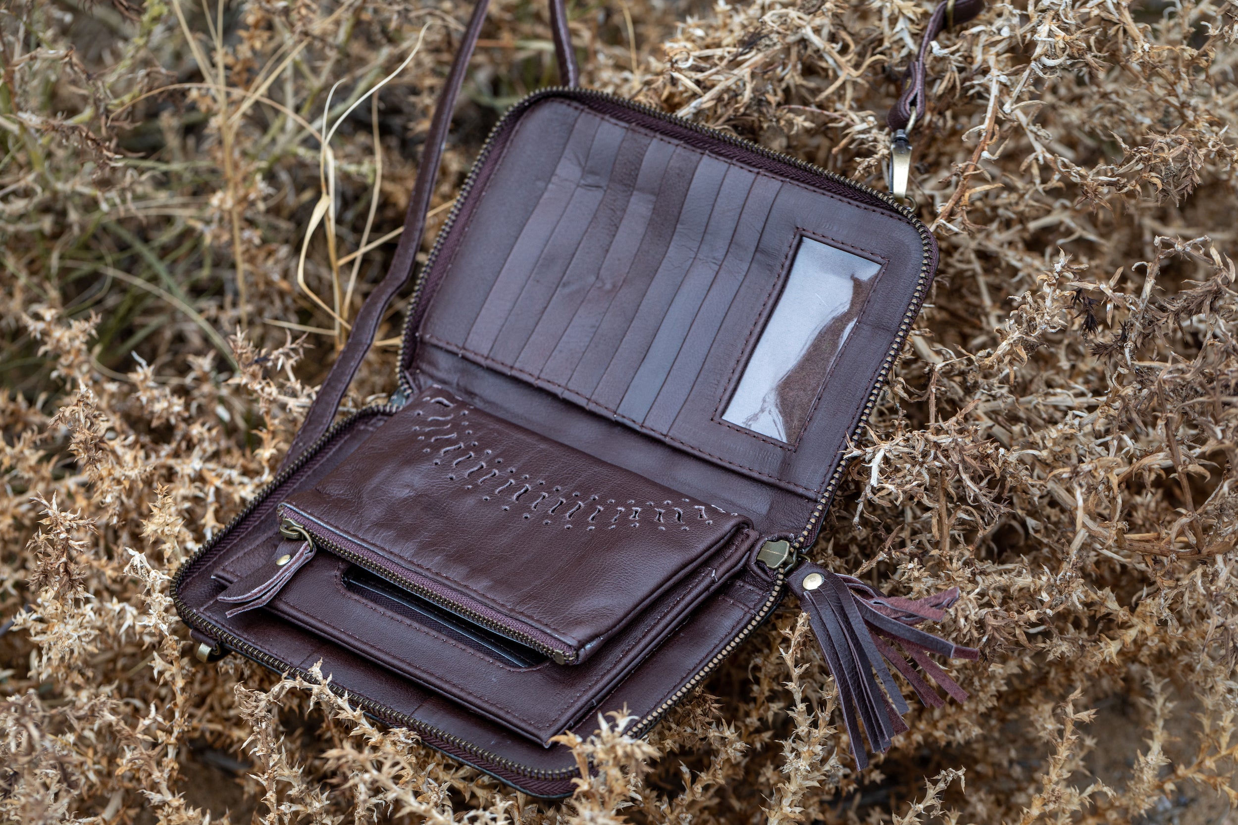 Sage Mandala Leather Crossbody Wallet - Landscape