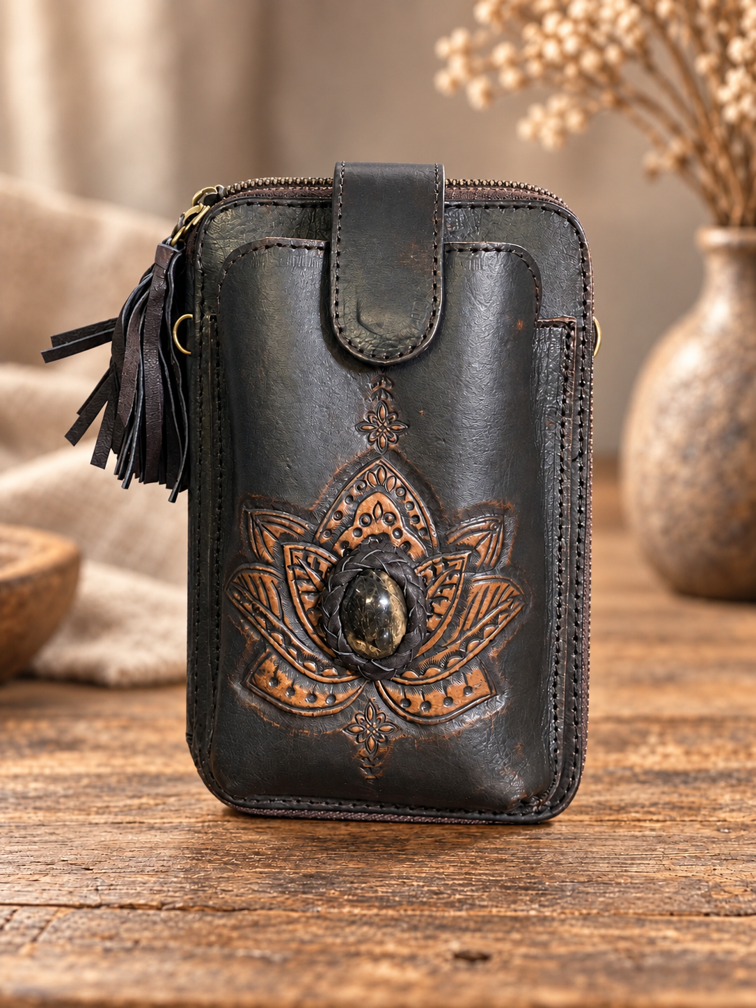 Lotus - Leather Phone Wallet Mixed Stone